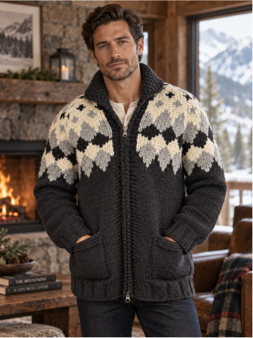 Todd Snyder x Canadian Sweater Co Cardigan Men L Wool Hand Knit Apres Ski Black